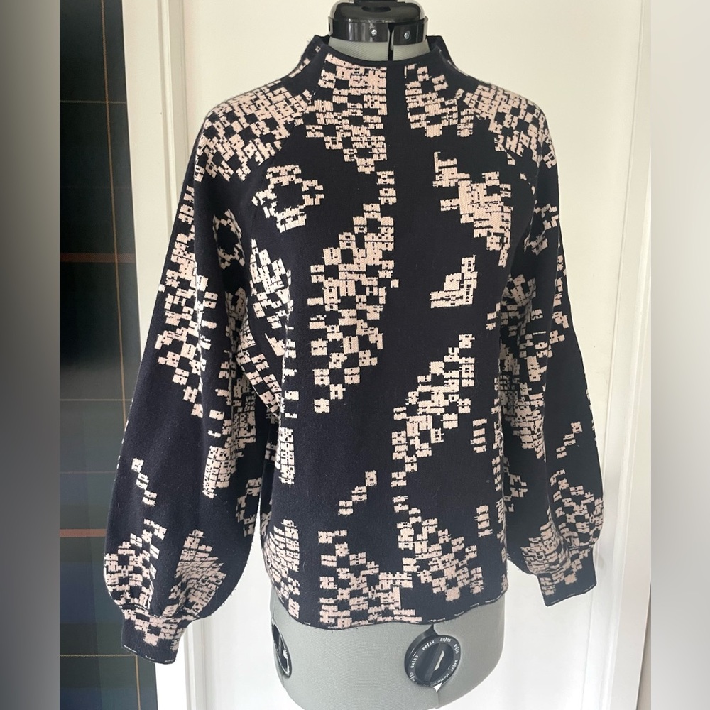 Anthropologie Viscose Mock Neck Sweater, balloon sleeves, black/pink, NWOT, szS - Picture 2 of 11